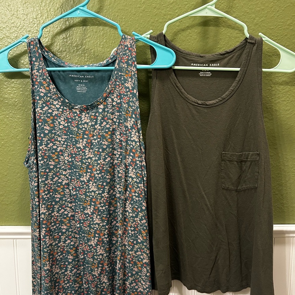 American Eagle Outfitters Women's Floral and Olive Tank Tops